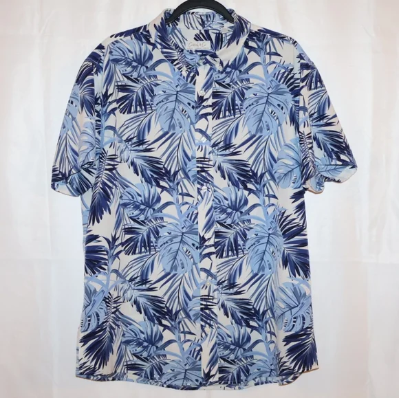 Cotton & Co. Blue Tropical Botanical & Palm Leaf Button Up Shirt. XL. NWOT. - Picture 1 of 13